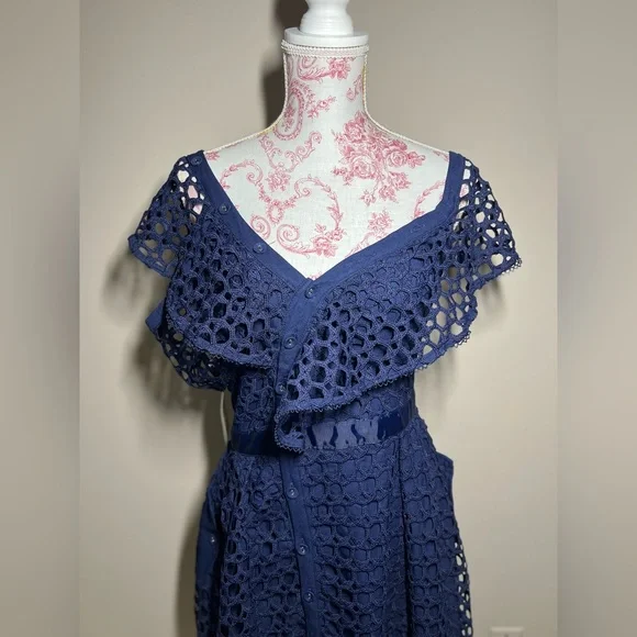 NWT LUXE Self Portrait Replica Navy One Shoulder Guipure Lace Midi Dress sz 8 - Picture 9 of 14